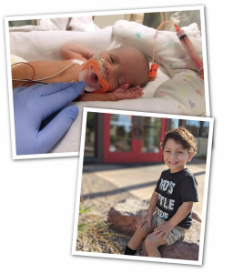 Photo collage of Jr Perez as a baby in the NICU and now as a toddler.
